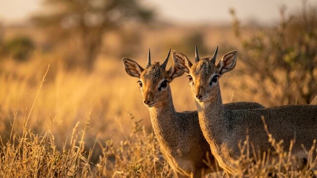 two dik dik antelopes in serengeti national park tanzania golden light cinematic close up video