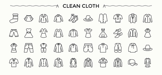 Clothes icon set. Outfit icon. Contains such symbols as wear, outerwear, apparel, suit, fashion, dress and more. Editable stroke. Vector collection. © Rubbble