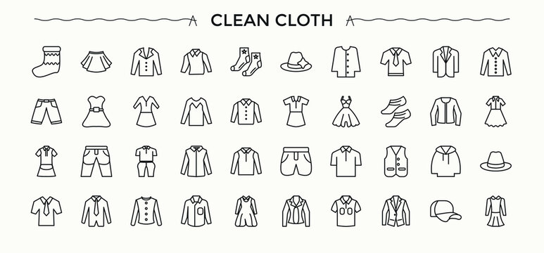 Clothes icon set. Outfit icon. Contains such symbols as wear, outerwear, apparel, suit, fashion, dress and more. Editable stroke. Vector collection.