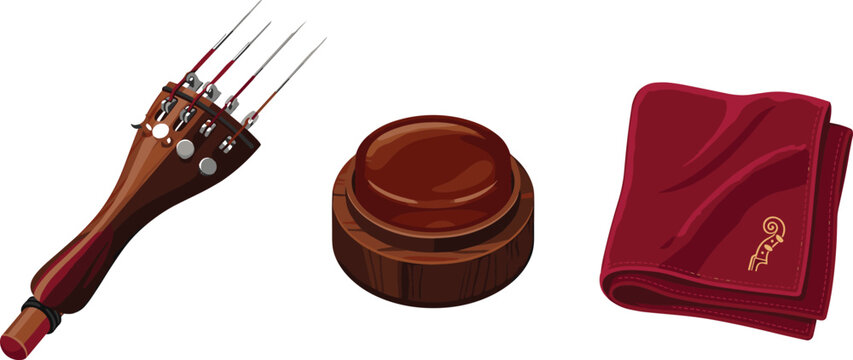 Violin and Cello String Instrument Care Accessories Set Featuring a Wooden Tailpiece with Fine Tuners Round Rosin and Red Velvet Cleaning Cloth Graphic Vector Designs
