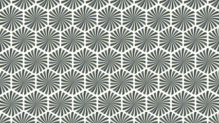 Fototapeta premium Seamless pattern of hexagonal tiles featuring swirling lines creating hypnotic vortex optical illusion in dark blue and cream colors vector graphic art