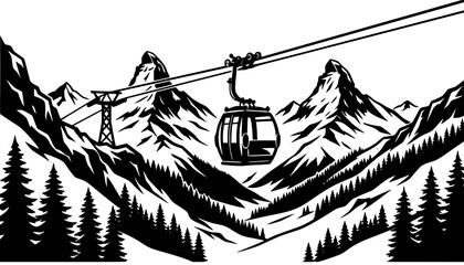 Black Ski Lift Gondola and Snowy Mountain Landscape Silhouette Vector Collection © Wahida