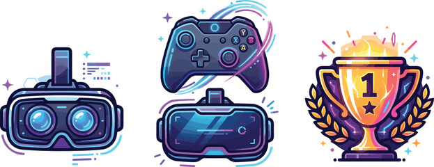 Virtual Reality and Gaming Vector Icon Set Featuring VR Headsets Wireless Gamepad Controller and Winner Trophy for Esports Graphic Design Templates © EdGe Creative