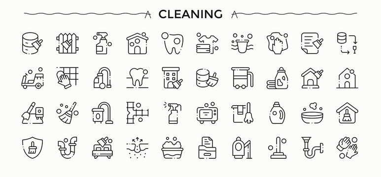 Cleaning simple icon set. Outline symbol collection. Wash line icon set. Contains related to disinfect, sweep, housekeeping, clean, cleaner and more.