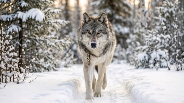 gray wolf walking through yellowstone national park usa snowy boreal forest golden hour toward camera video
