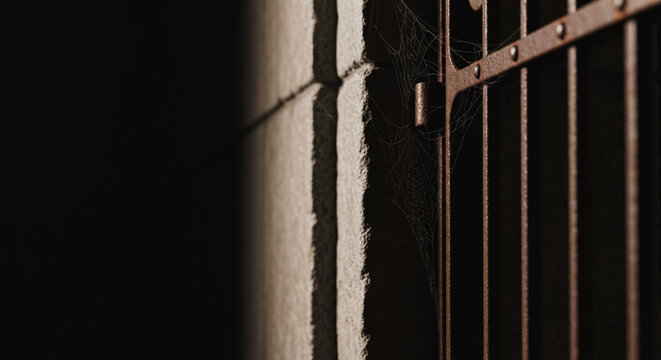 Rusty iron prison bars with a spider web against a stone wall