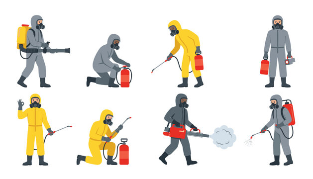 Professional pest control and disinfection service worker vector character collection. Featuring hazmat suit, gas mask, fogging machine, and chemical sprayers isolated on transparent background.