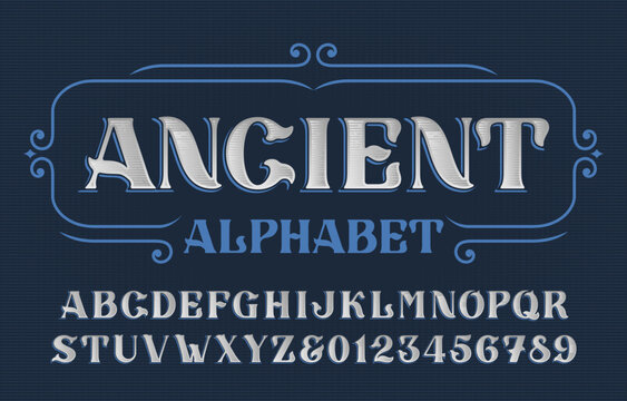 Ancient alphabet font. Faded scratched letters and numbers. Vector typescript for old signage, label design, and headline lettering.