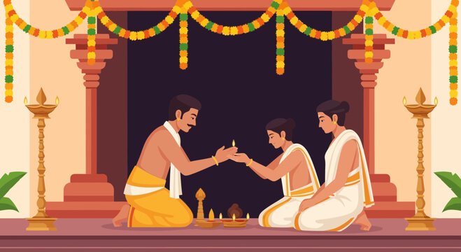 Indian priest blessing devotees in a temple during a religious ceremony with oil lamps and floral garlands