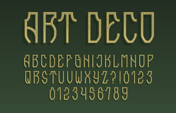 Art Deco inspired alphabet font. Faded scratched letters and numbers. Vector typescript for old signage, label design, and headline lettering.