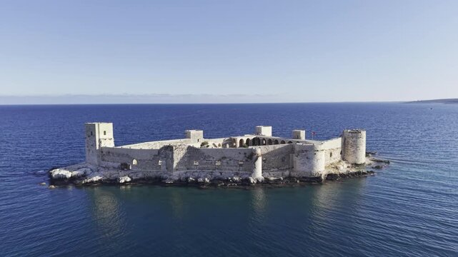 Aerial View of Kizkalesi (Maiden's Castle) and Mediterranean Coastline in Mersin Turkey, Historic Seaside Fortress and Ancient Landmark at Sunset