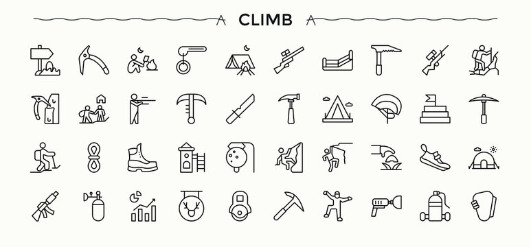 Climbing modern icon set. Sign and Symbol. Contains related to adventure, mountain, camping, climb, camp. Editable vector. Climb icon collection.