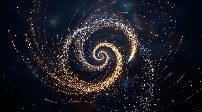 Golden spiral of glowing particles in a dark cosmic background