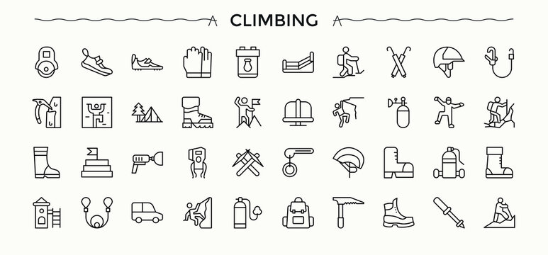 Climbing modern icon set. Contains such icons as climb, camp, mountain, hiking and more. Adventure line icon set. Minimal thin line web icons set. Editable stroke. Vector illustration.