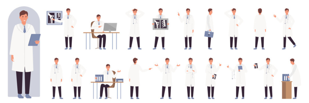 Male doctor poses set vector illustration. Cartoon confident explainer wearing uniform, standing and sitting, hospital worker pointing on medical presentation, expert posing isolated on white