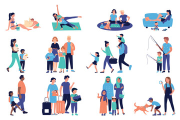Fototapeta premium Happy family scenes, parents and children vector illustration set. Cartoon mother father and girl boy child play in sandbox or board games, travel and walk, fishing, fun family time isolated on white