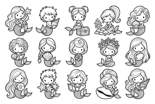 Cute mermaid outline clipart set with merman, seashells, starfish, treasure chest and coral reefs, bold easy coloring pages for kids, under the sea ocean digital stamp vector illustration