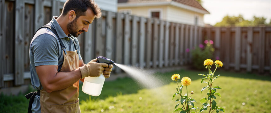 Gardener treating lawn weeds with sprayer outdoors for home improvement blogs and landscaping weed control