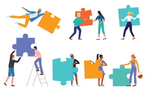 People hold puzzle jigsaw, challenge concept vector illustration set. Cartoon man woman characters holding colorful puzzle pieces to connect parts, partners achieve business goal isolated on white
