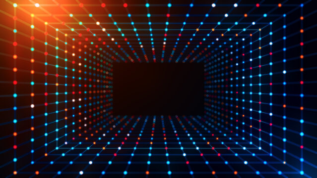 Abstract rectangular wireframe network tunnel featuring straight lines, glowing blue, red and orange lights, realistic depth of field and futuristic digital background design.