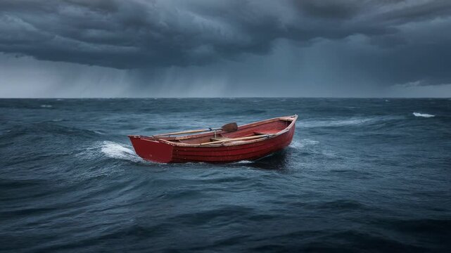 Lone red rowboat battling choppy ocean waves under dark stormy sky rough sea adventure