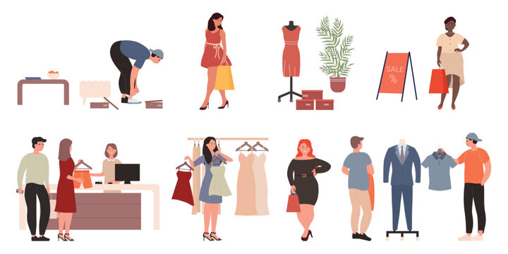 Shopping people buy fashion shoes clothes in shop or store on sales vector illustration set. Cartoon man woman characters holding shopper bags, buying stylish fashionable dress suit isolated on white