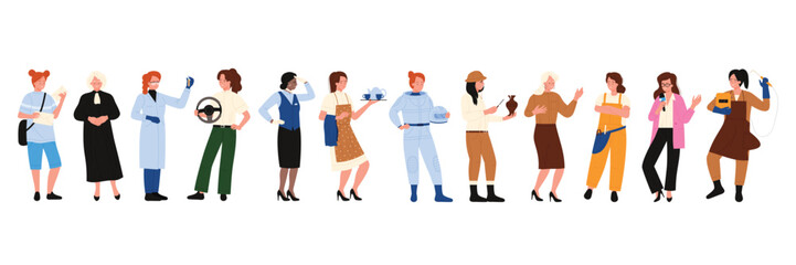 Obraz premium Women of different professions set vector illustration. Cartoon isolated many girls in professional clothes standing, woman judge and scientist, driver and flight attendant, astronaut and ceramist