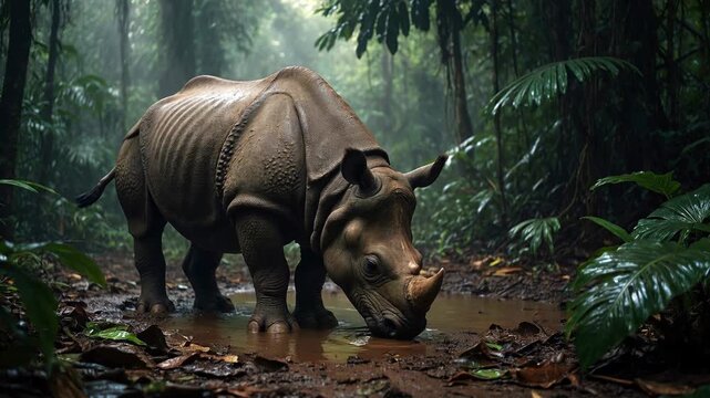 Majestic one horned rhinoceros standing in a muddy puddle and drinking water in its natural habitat. The powerful mammal quenches its thirst in a dense, misty, and atmospheric tropical jungle