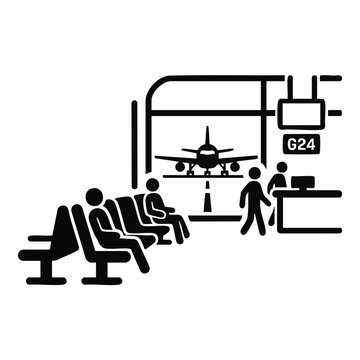 Airport departure lounge silhouette icon. Passengers waiting at gate G24. Flat vector illustration isolated on transparent background