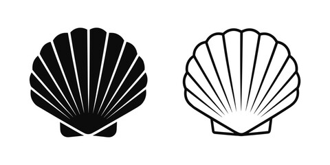 Two Seashell Icons: A set of graphic icons depicting a seashell, one solid black and the other an outline. ocean art, marine life symbol. © Binoy Vectors