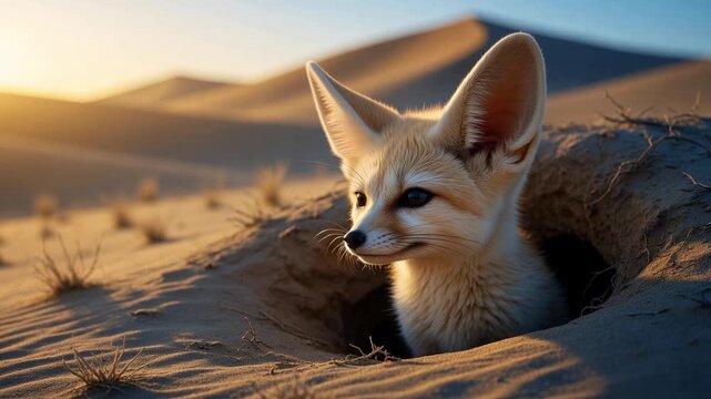 Adorable wild fennec fox with large ears emerging from its sandy burrow, cautiously looking around in the sahara desert during a beautiful golden sunset, displaying its natural behavior