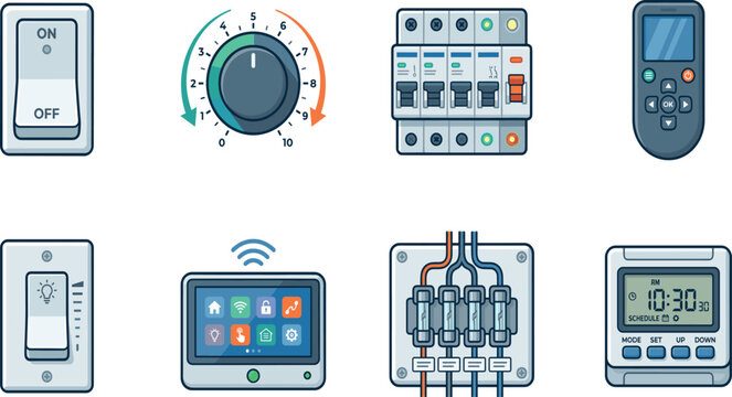 Electrical Control Panel and Smart Switch Interface Vector Icon Set for Automation Systems