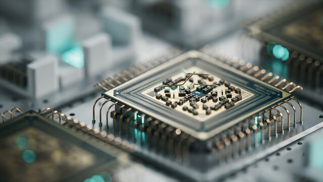 Close-up of a computer microchip mounted on a circuit board with electronic components