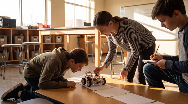 Students Testing Small Classroom Robot In After School STEM Session