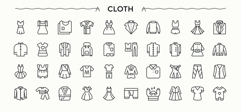 Clothes icon. Included wear, cloth, apparel, dress, suit, outerwear and more. Wear icon set. UI icons set in a thin style. Vector collections.