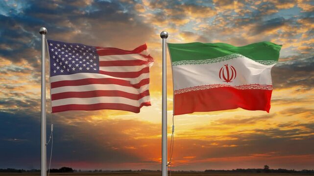 Dramatic sunset with American and Iranian flags waving side by side patriotic unity concept