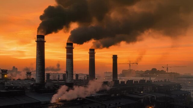 Factory emitting thick smoke from large chimneys into the sky at sunset industrial pollution scene
