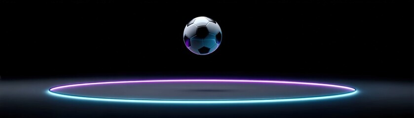 Naklejka premium A glowing soccer ball suspended above a neon-lit circular platform on a black background, goals achieved, football world cup banner