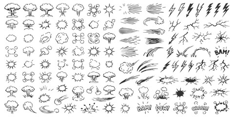 Large collection of hand drawn comic book explosion and action effect elements for graphic design projects © GraphixEra