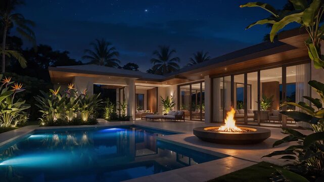 Serene tropical villa at night with glowing pool and cozy fire pit surrounded by lush greenery