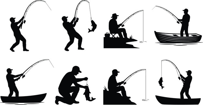 Fishing Silhouette Icons Set with Anglers Boat Fishing Catch and Outdoor Recreation Activities