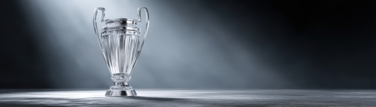 A shiny silver trophy cup stands alone on a reflective surface against a dark, smoky background, symbolizing victory and achievement, goals achieved, football world cup banner