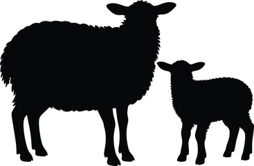 Silhouette of a mother sheep and a lamb standing together on a white background Keywords: sheep, lamb, ewe, baby sheep, animal, wildlife, silhouette, black and white © Vectorplanet