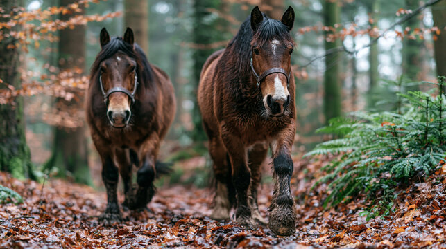 Two brown horses walking in forest path during autumn with seasonal, equestrian
