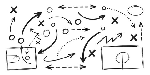 Hand drawn tactical play diagram for basketball and soccer sports strategy planning with arrows and court marks © GraphixEra