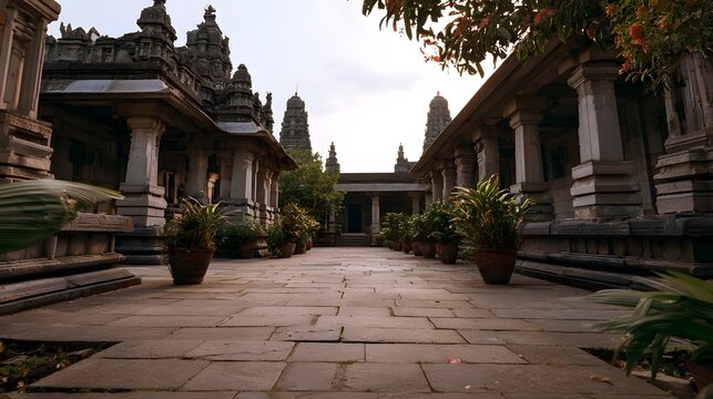A tranquil worm s eye view captures the detailed stone courtyard of an ancient temple