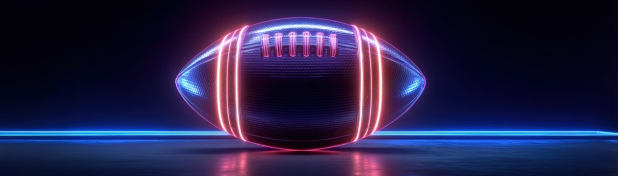 Neon-lit American football with glowing blue and red outlines on a reflective surface against a dark background, goals achieved, football world cup banner