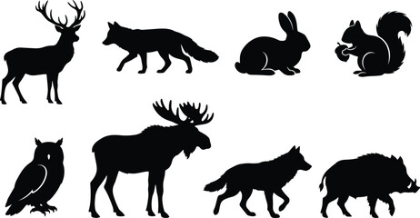 Obraz premium Forest Wildlife Animal Silhouette Collection Featuring Deer Wolf Moose and Owl