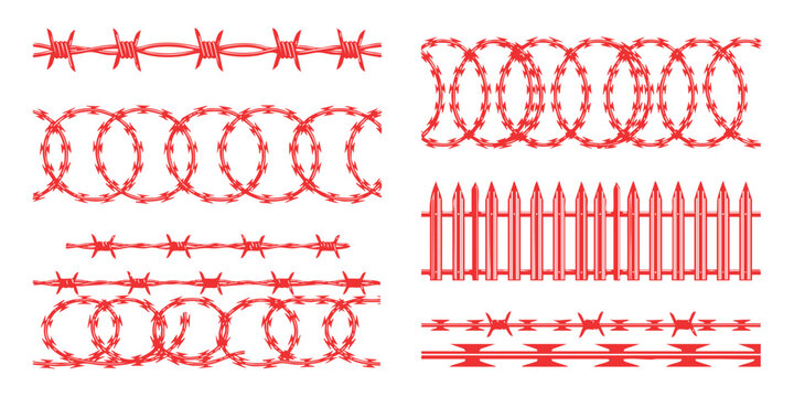 Set of different barbed wire and metal fence designs for security borders and protection boundary elements