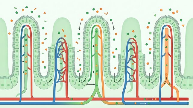Diagram of nutrient absorption in human small intestine villi structure